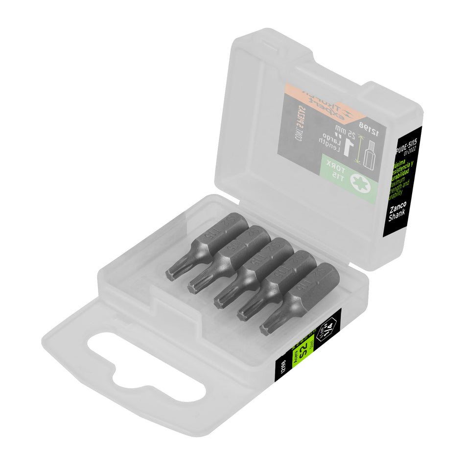 Estuche con 5 puntas torx T15 largo 1', Truper Expert Caja con 6, 12198