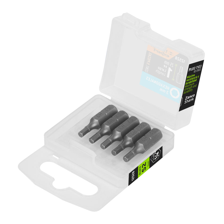 Estuche con 5 puntas hexagonales de 3 mm largo 1', Expert Caja con 6, 12528