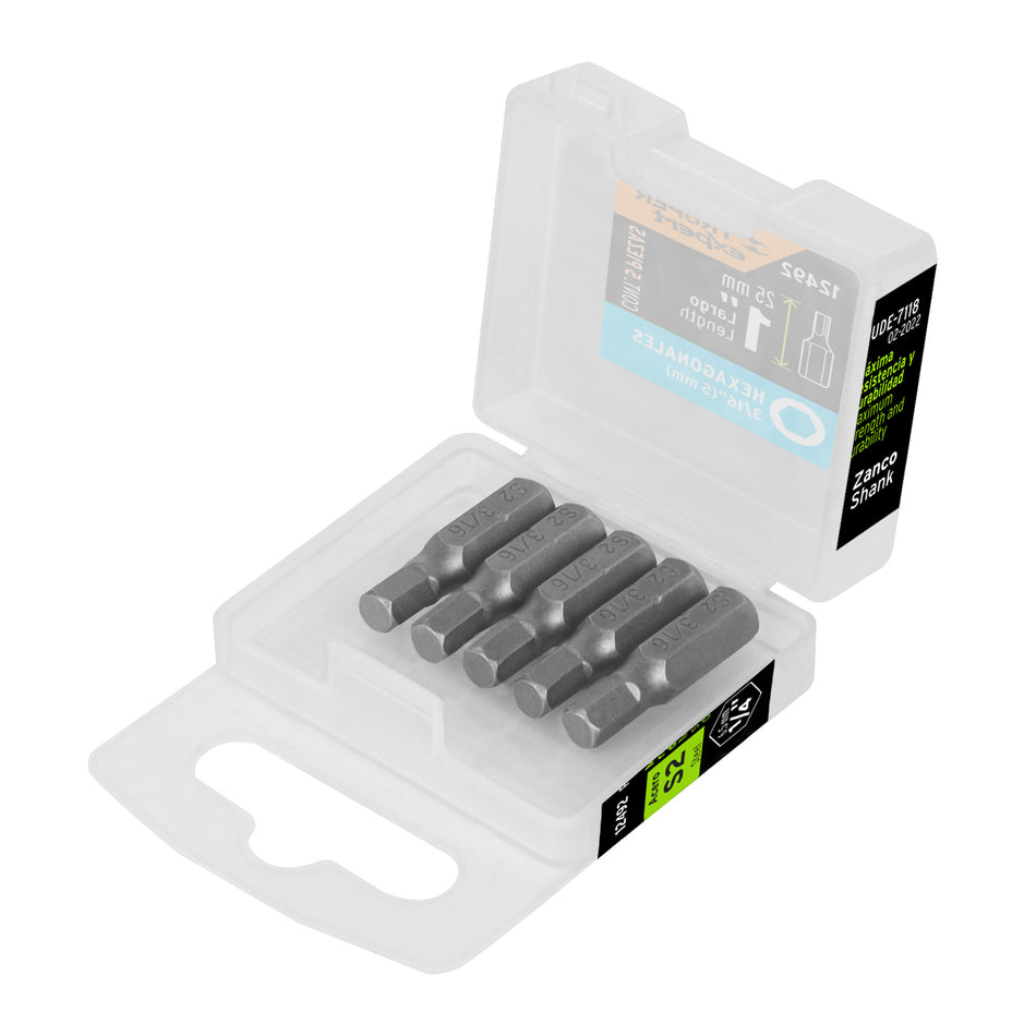 Estuche con 5 puntas hexagonales de 3/16mm largo 1', Expert Caja con 6, 12492