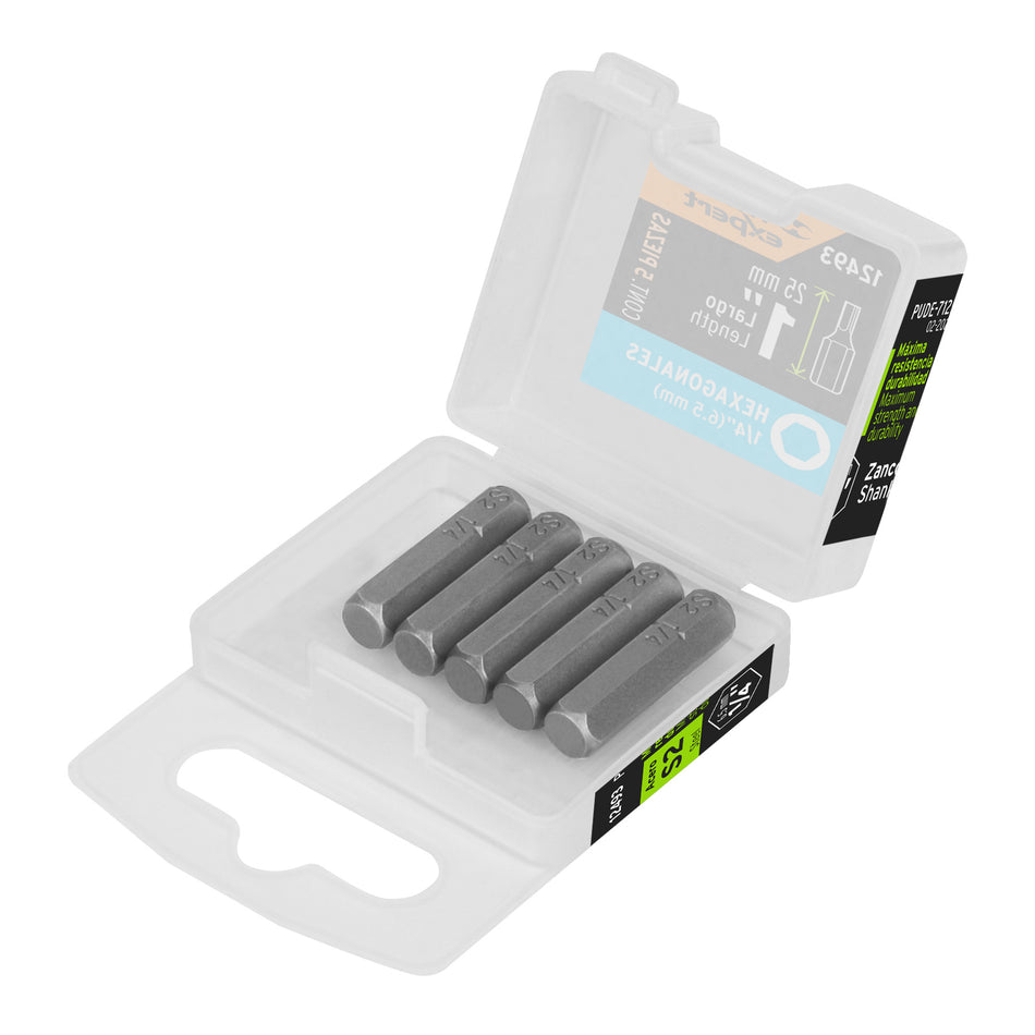 Estuche con 5 puntas hexagonales de 1/4mm largo 1', Expert Caja con 6, 12493