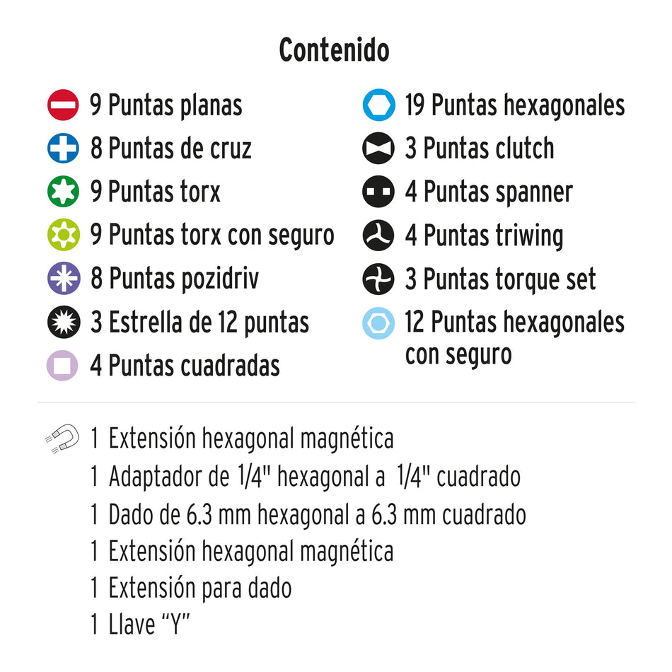 Juego de 100 puntas mixtas largo 1' en estuche plástico Caja con 4, 17794