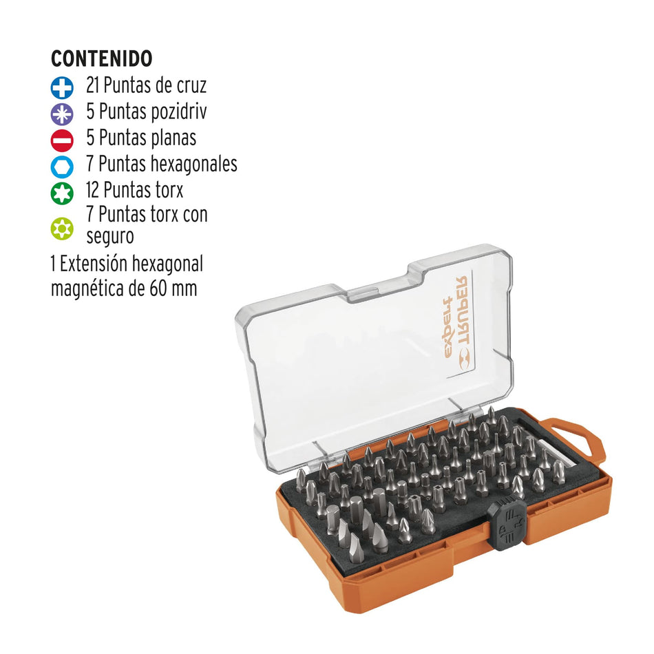 Juego de 58 puntas mixtas largo 1' estuche plástico, Expert Caja con 6, 11889