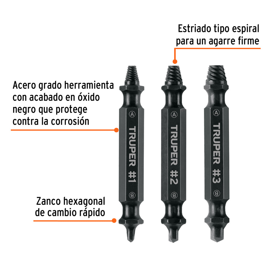 Blíster con 3 puntas extractoras de tornillos, Truper Caja con 6, 103311