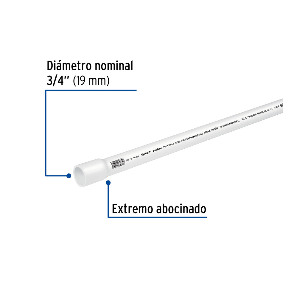 Tubo de 3/4' de PVC hidráulico cédula 40, de 3 m, Foset Caja con 10, 43039