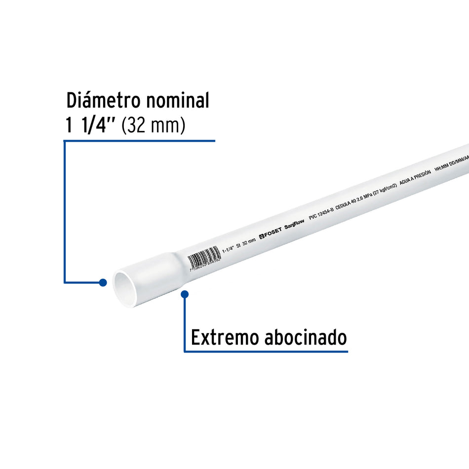 Tubo de 1-1/4' de PVC hidráulico cédula 40, de 3 m, Foset Caja con 5, 45520