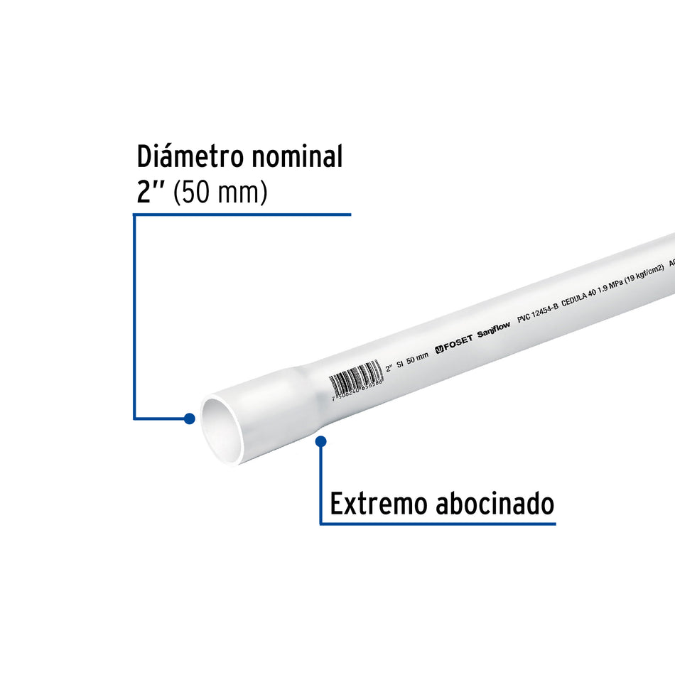 Tubo de 2' de PVC hidráulico cédula 40, de 3 m, Foset Caja con 5, 45522