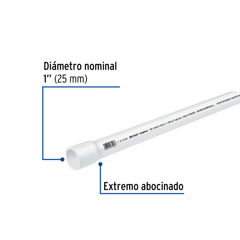 Tubo de 3 m de PVC de 1' hidráulico RD 26, Foset Caja con 5, 40083