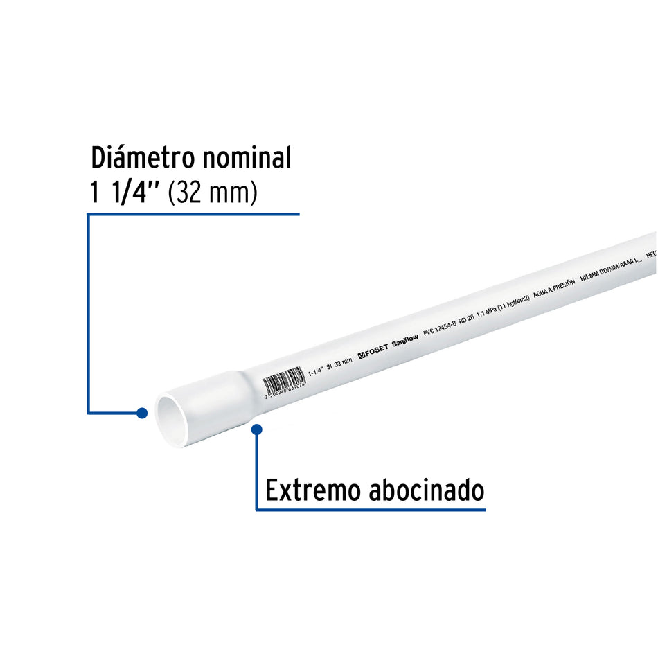Tubo de 3 m de PVC de 1-1/4' hidráulico RD 26, Foset Caja con 5, 40084
