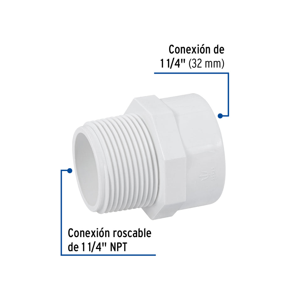 Adaptador macho de PVC de 1-1/4', Foset Caja con 4, 45545
