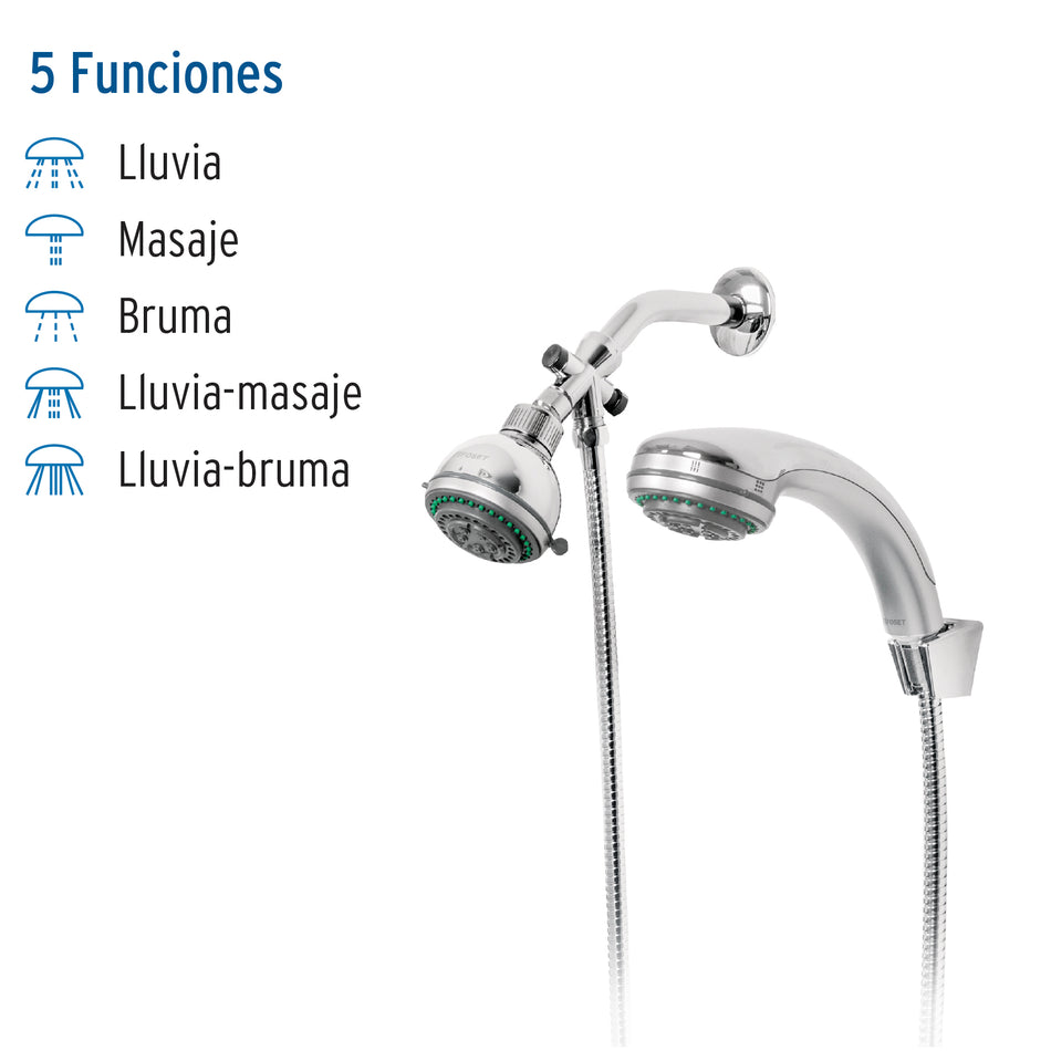 Regadera 3' con extensión tipo teléfono 5 funciones, Aqua, 49433