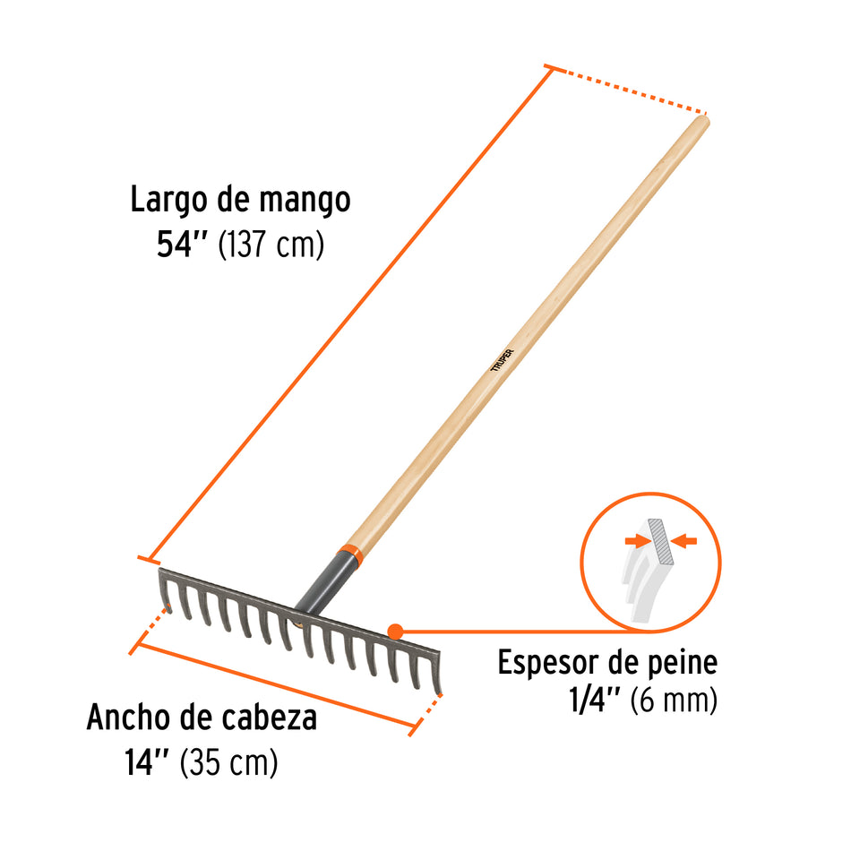 Rastrillo recto de 14 dientes, mango de 54', Truper Caja con 3, 100493