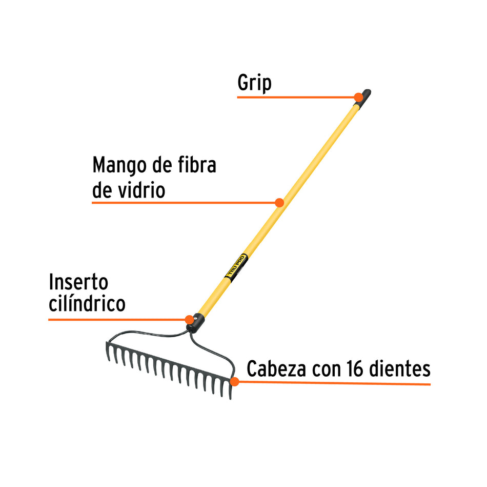 Rastrillo jardinero, 16 dientes, mango 60' fibra de vidrio Caja con 3, 17885