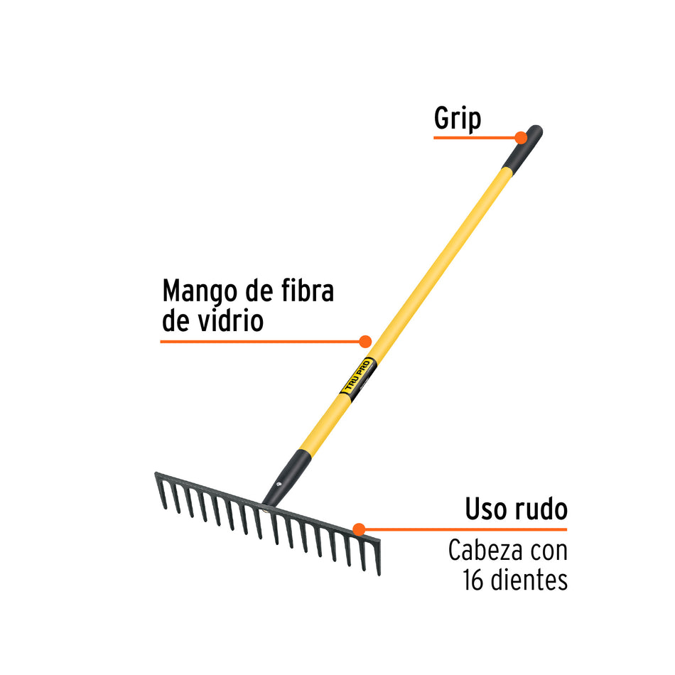 Rastrillo recto reforzado 16 dientes, mgo fibra d/vidrio 60' Caja con 3, 17894