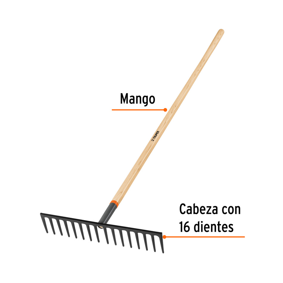 Rastrillo recto reforzado, 16 dientes, mango de 60', Truper Caja con 3, 17888