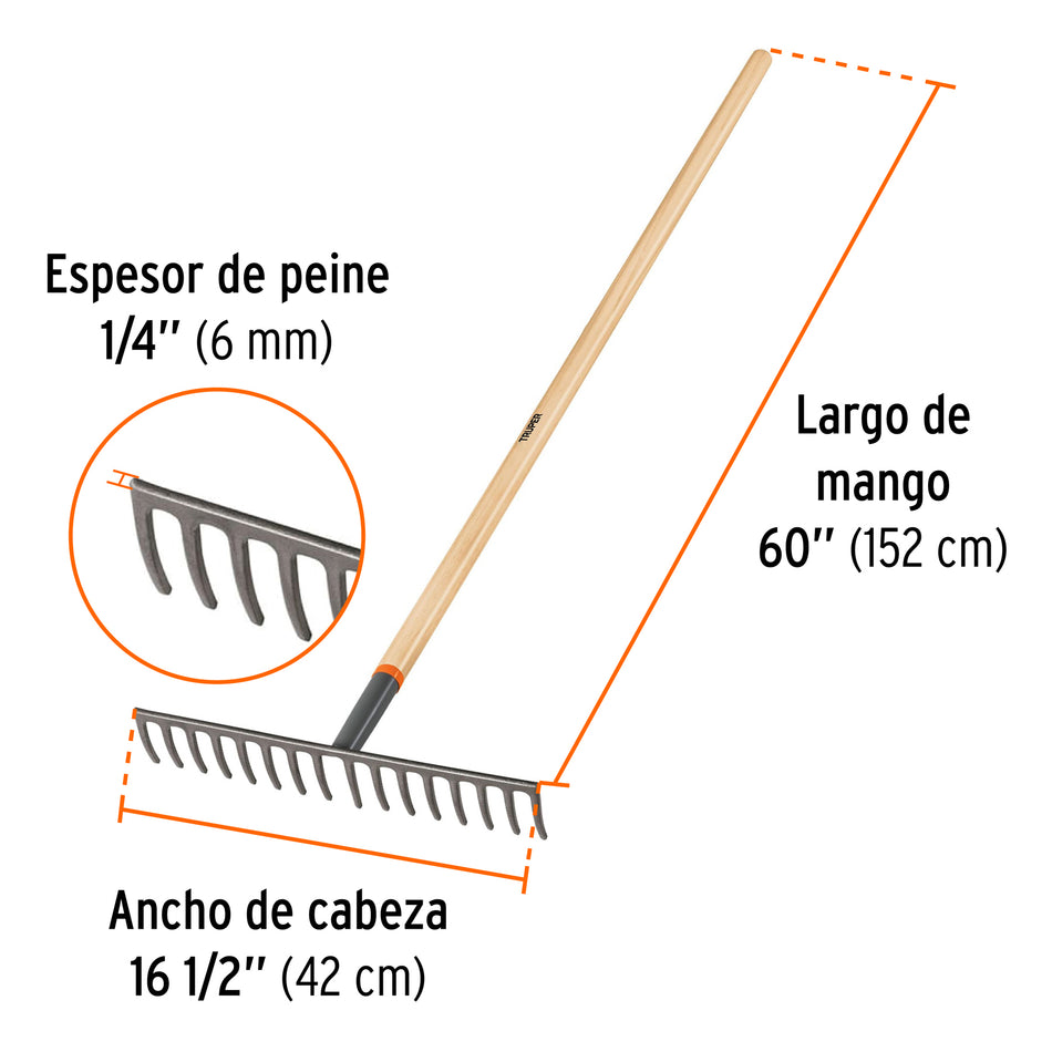 Rastrillo recto de 16 dientes, mango de 60', Truper Caja con 3, 17880