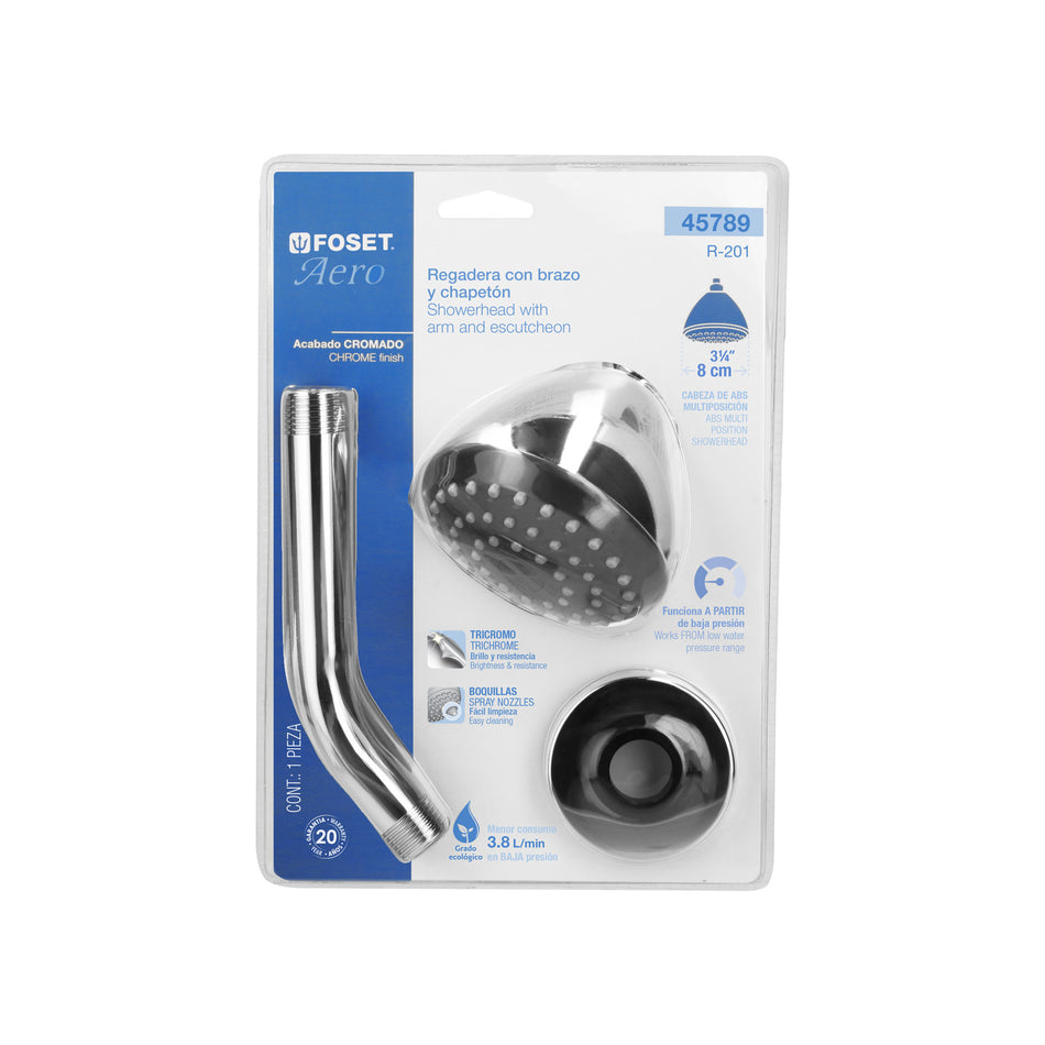 Regadera redonda 3-1/4' brazo y chapetón acero inox, Aero, 45789