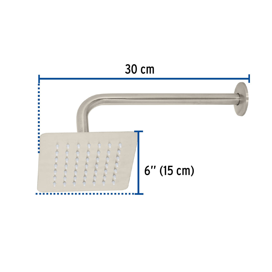 Regadera cuadrada 6', acero inox, con brazo, satín, Túbig Caja con 2, 47742