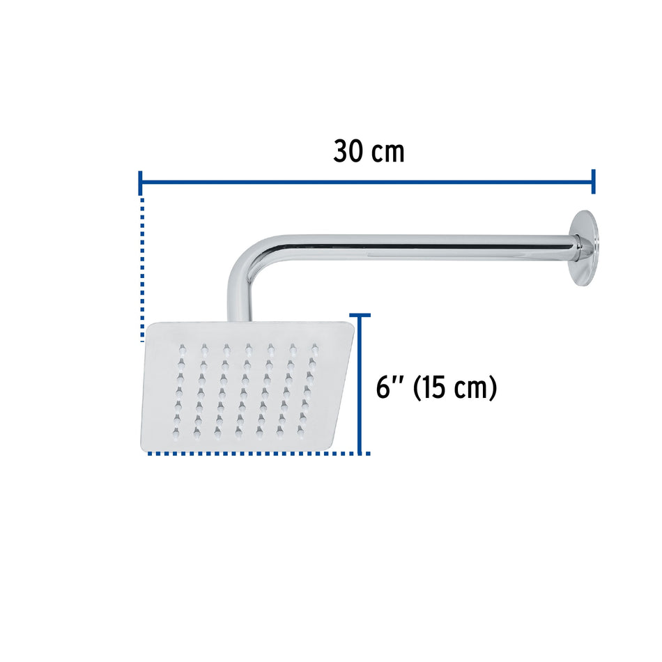 Regadera cuadrada 6', acero inox, con brazo, cromo, Túbig Caja con 2, 47736