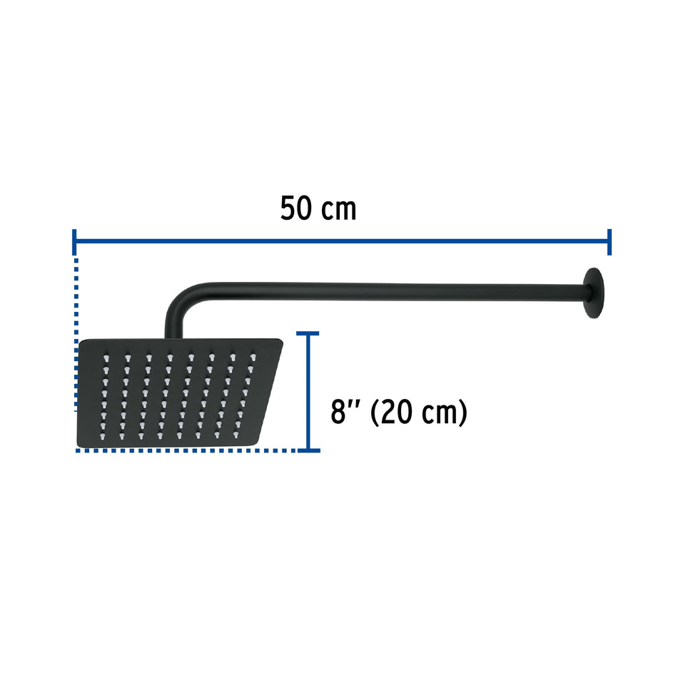 Regadera cuadrada 8', acero inox, con brazo, negro, Túbig, 47750