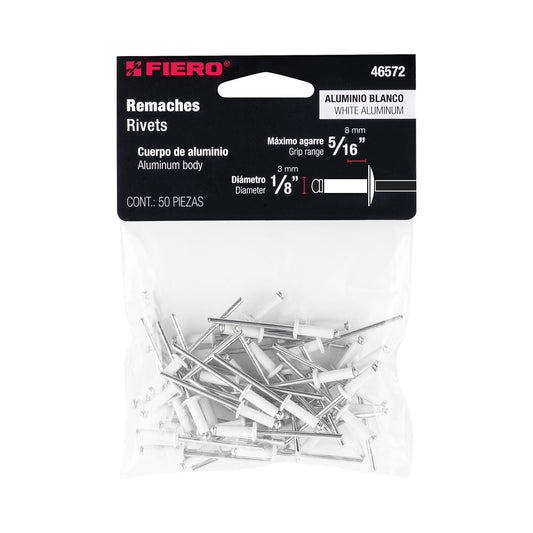 Bolsa c/50 remaches 1/8'x5/16' blancos de aluminio, ala 1/4' Caja con 10, 46572