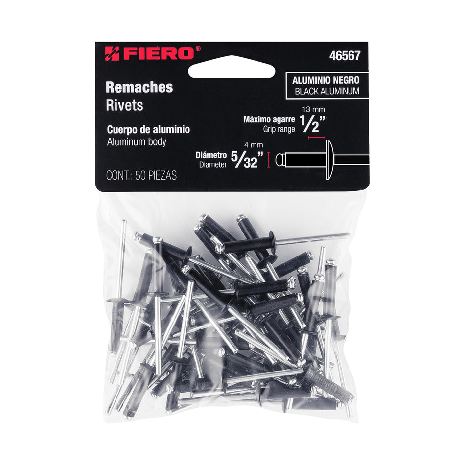 Bolsa c/50 remaches 5/32'x1/2' negros de aluminio, ala 5/16' Caja con 10, 46567