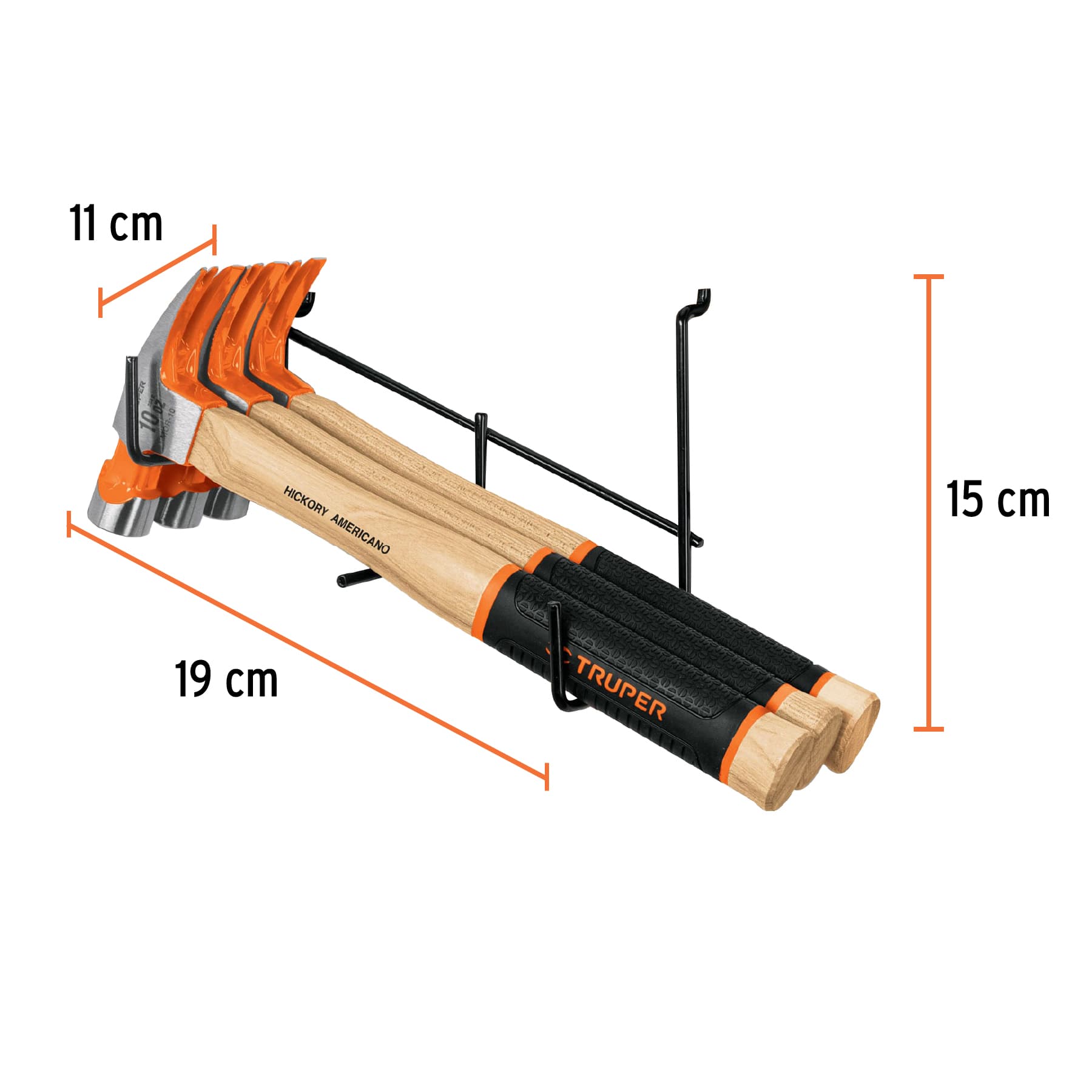 Rack para 3 martillos pulidos, uña curva, Truper, 50071