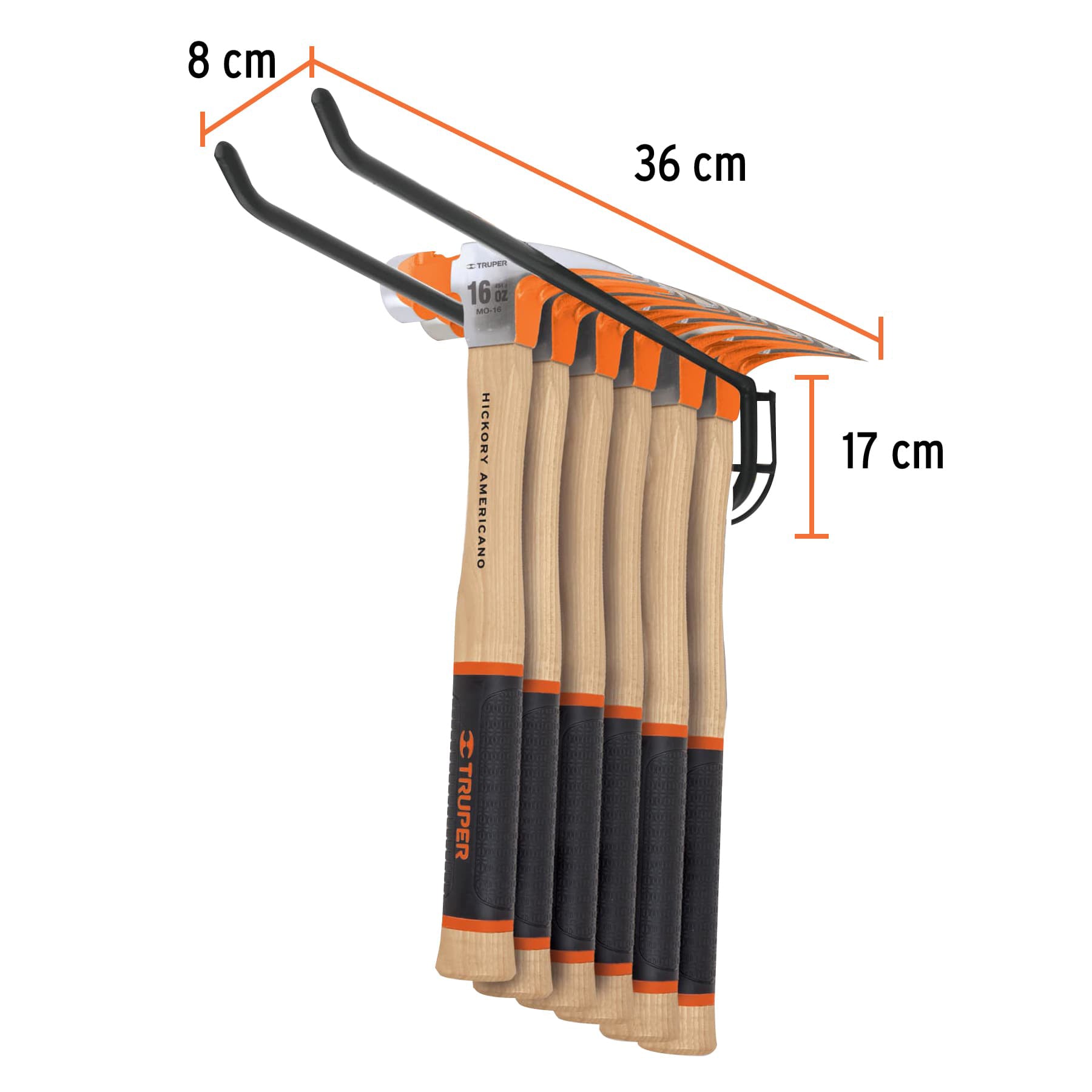 Rack para 6 martillos pulidos, uña curva, Truper, 50344