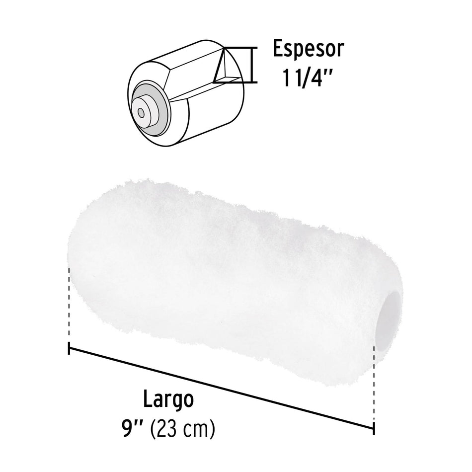 Felpa para rodillo, 9x1-1/4,superficies extra rugosas,Pretul Caja con 6, 28045