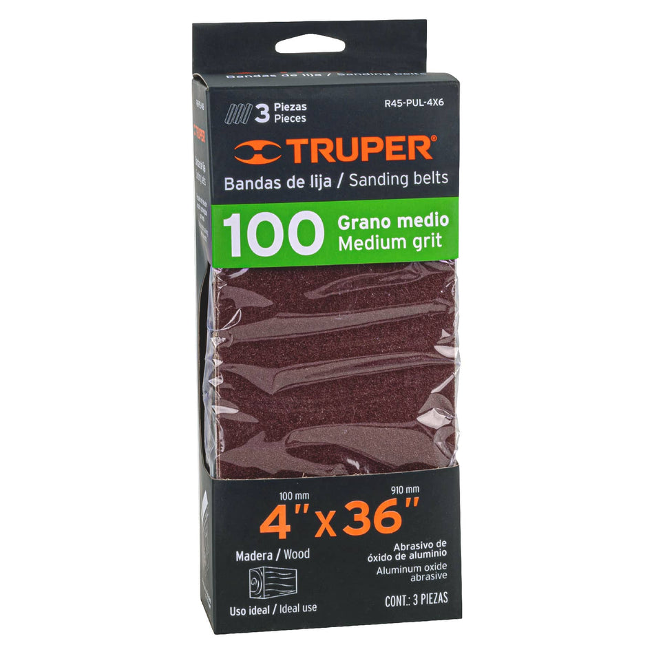 bandas de lija 4' x 36' grano 100 para PUL 4x6 Caja con 4, 16155