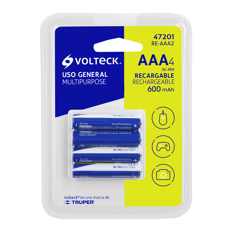 Blíster con 4 pilas recargables AAA uso general, 600 mAh Caja con 6, 47201