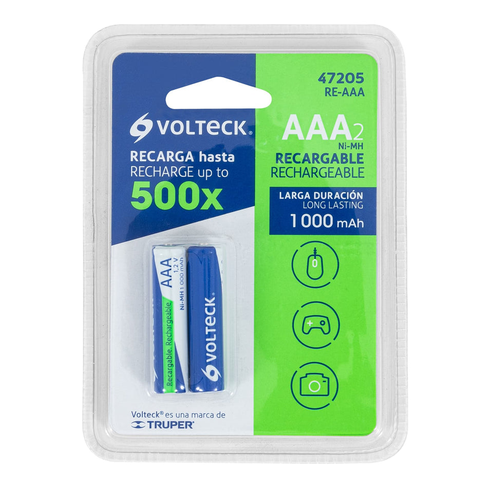 Blíster con 2 pilas recargables AAA larga duración, 1000 mAh Caja con 6, 47205