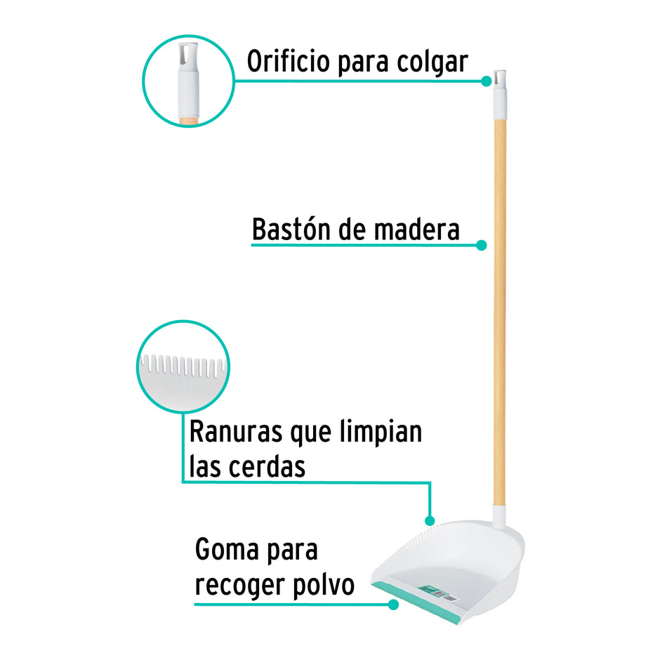 Recogedor plástico con bastón de madera, Klintek Caja con 12, 57024