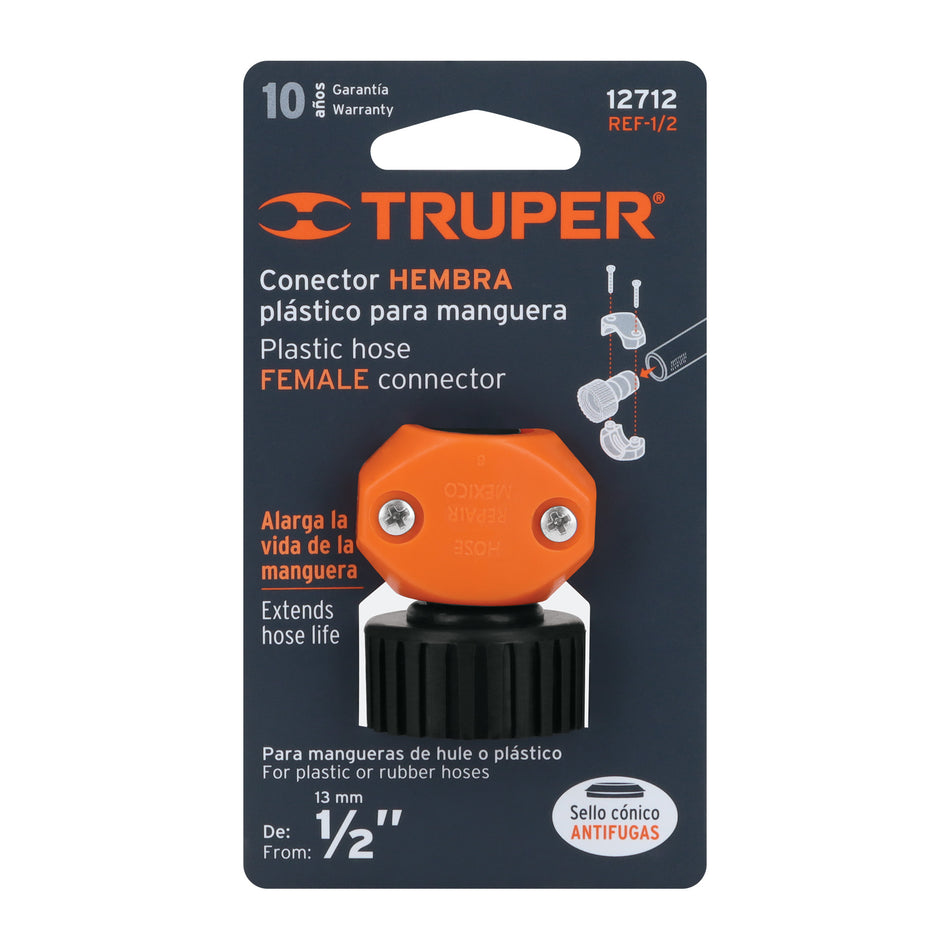 Conector 1/2' hembra de ABS para manguera, Truper Caja con 12, 12712
