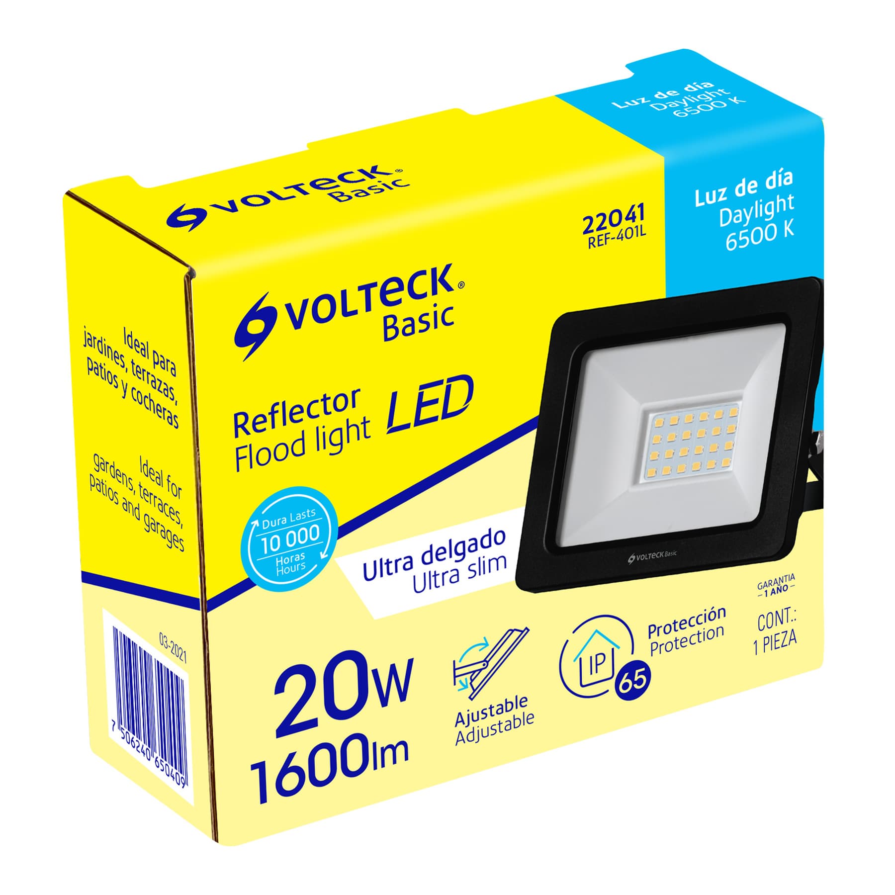 Reflector ultra delgado LED 20 W luz de día, Volteck Basic, 22041