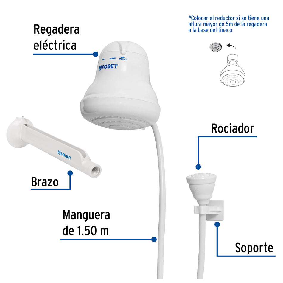 Regadera eléctrica, 4 temperaturas, 14.5cm, blanca, Foset Caja con 4, 49491