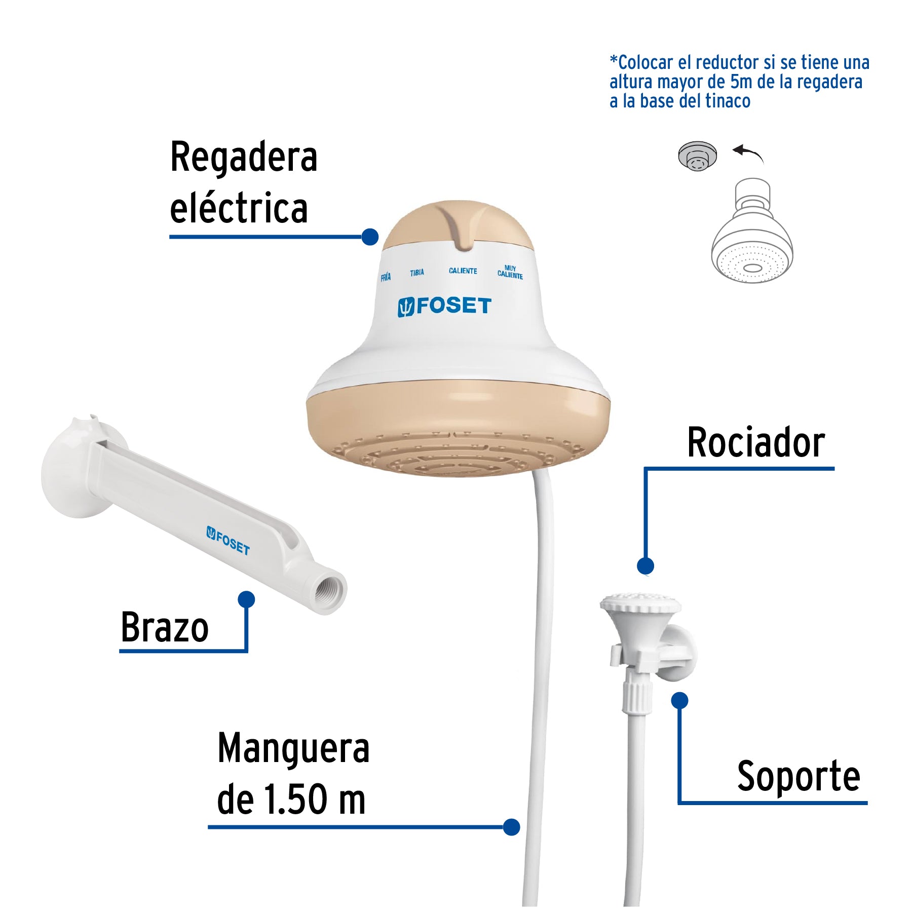 Regadera eléctrica, 4 temperaturas, 16.5cm, beige, Foset, 40240