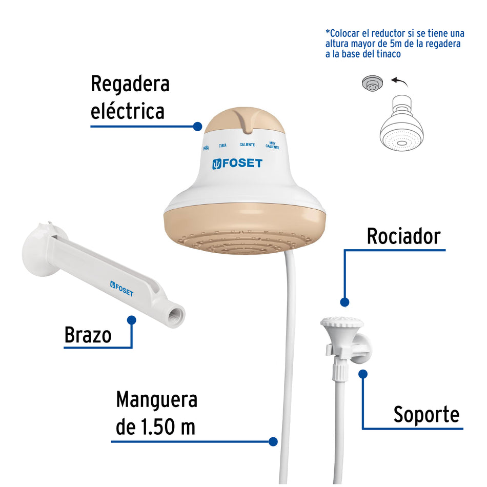 Regadera eléctrica, 4 temperaturas, 16.5cm, beige, Foset Caja con 4, 40240