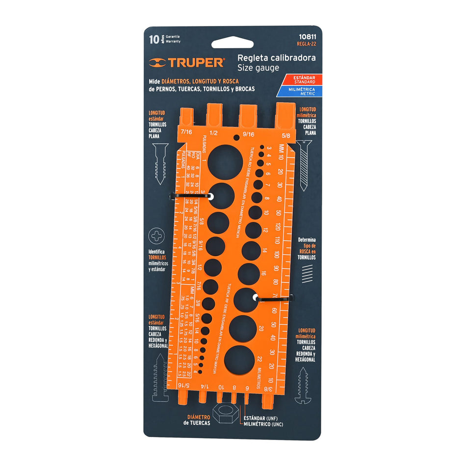 Regleta medidora de tuercas y tornillos, 22 cm, Truper Caja con 3, 10811