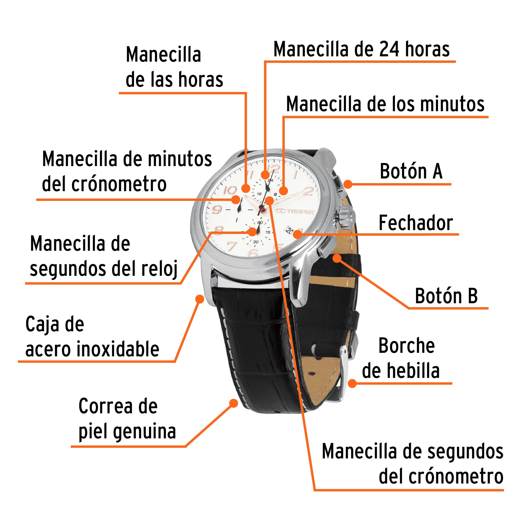 Reloj para caballero, correa de piel, Truper, 60071