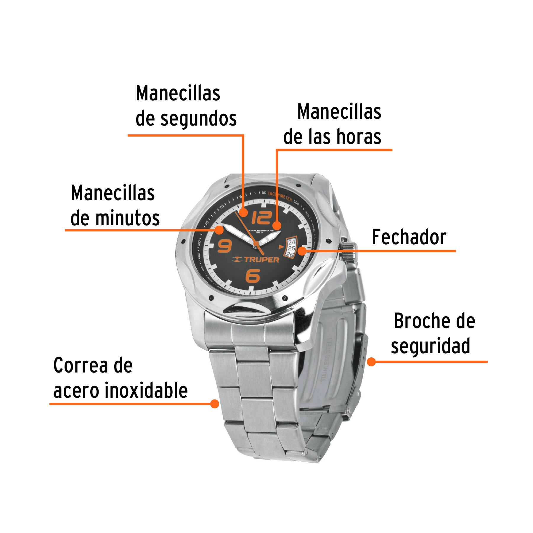 Reloj para caballero, acero inoxidable, Truper, 60072