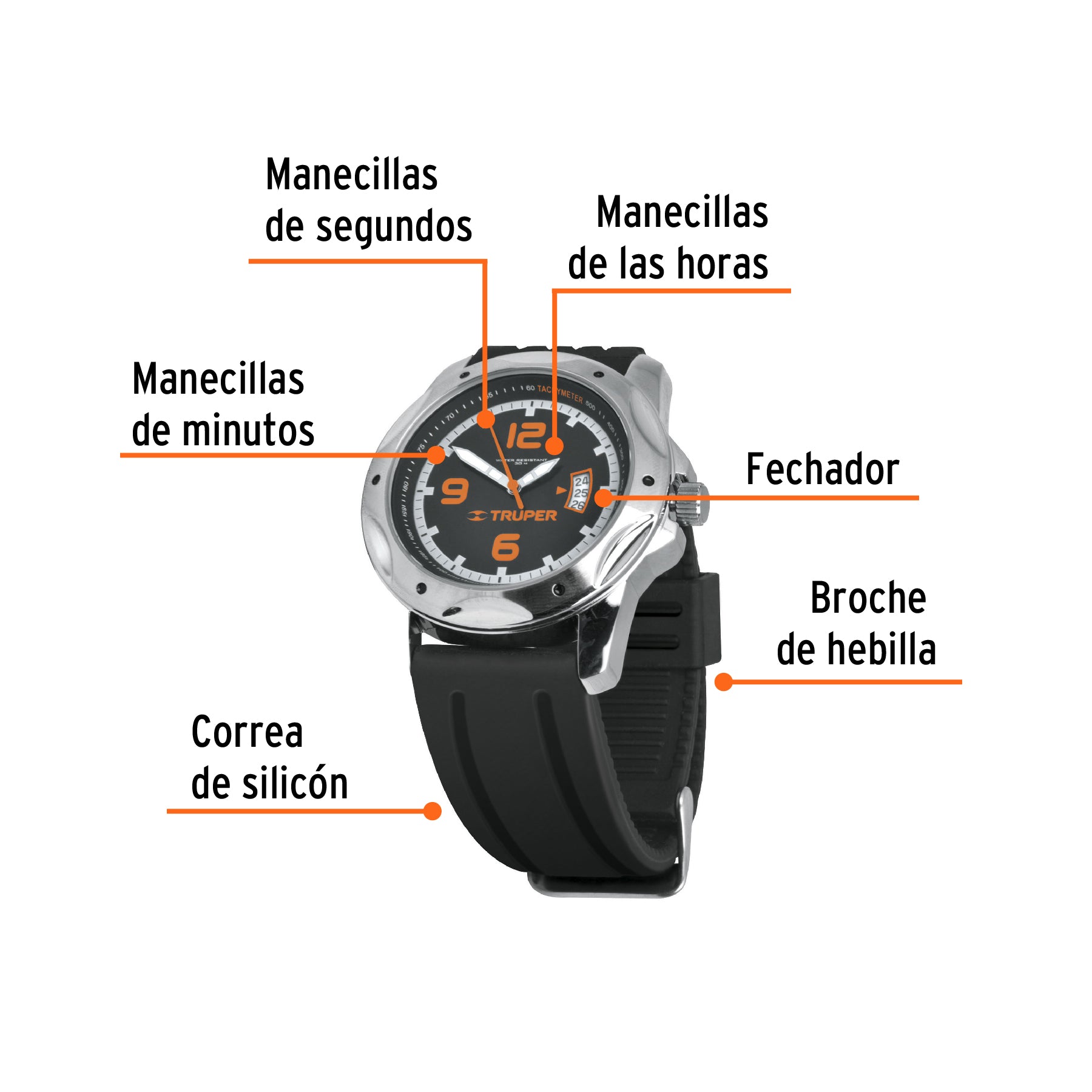 Reloj para caballero de cuarzo, correa de plástico, Truper, 60070