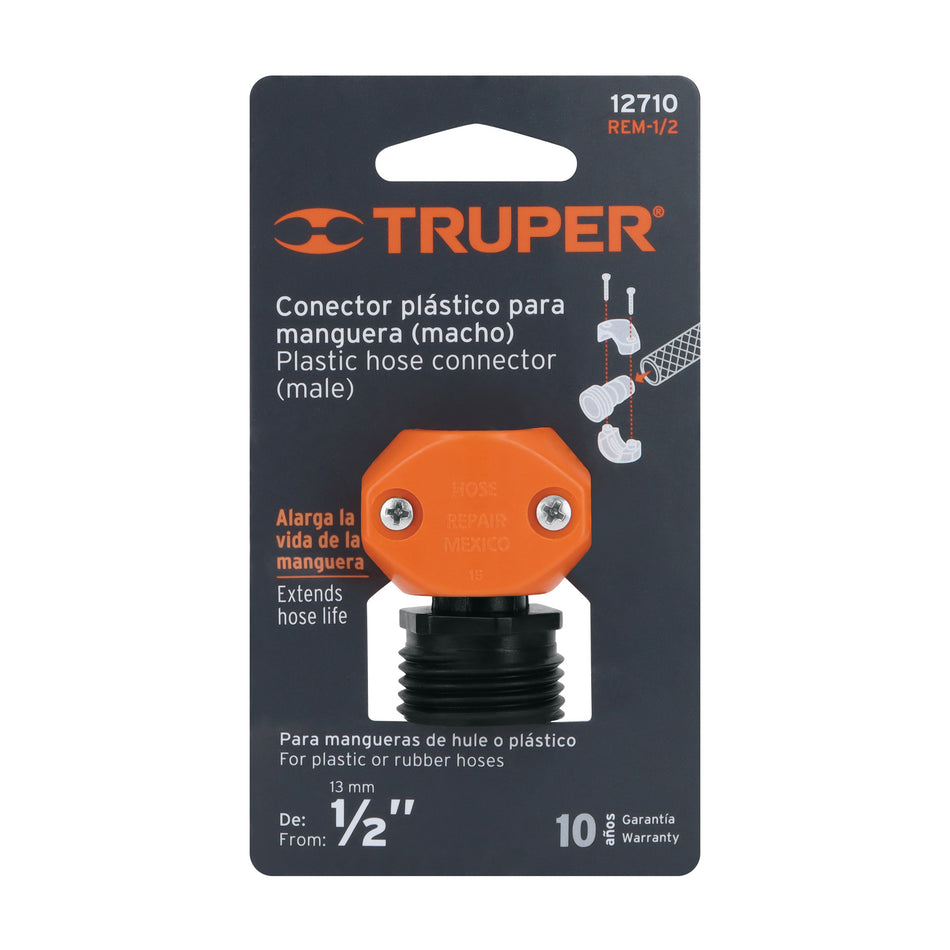 Conector 1/2' macho de ABS para manguera, Truper Caja con 12, 12710