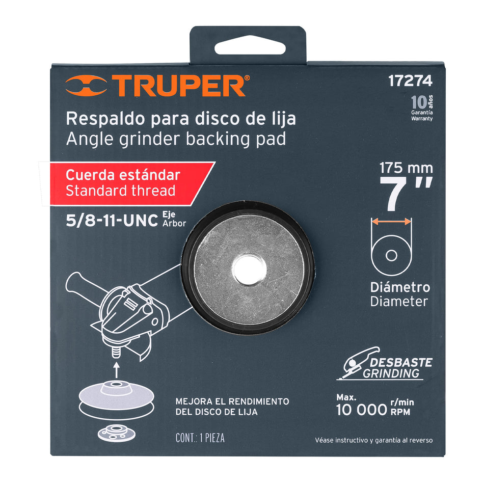 Respaldo para discos de lija 7', eje 5/8-11, Truper Caja con 6, 17274