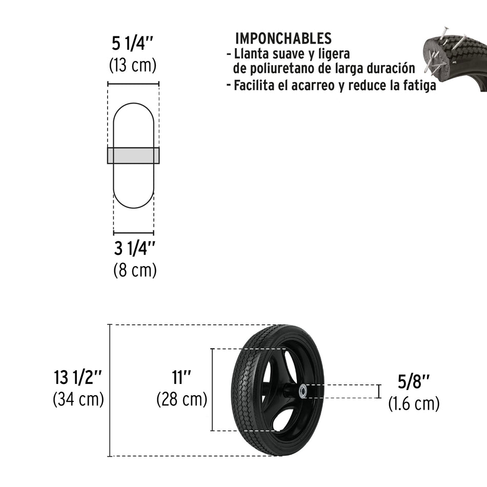 Llanta completa imponchable 13-1/2', incluye eje y baleros, 11229