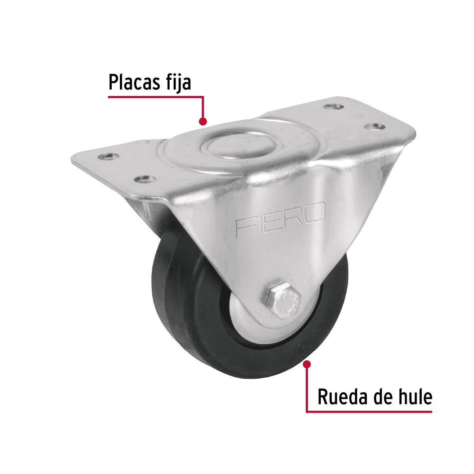 Rodaja hule 3', placa fija con balero, carga 110 kg, Fiero Caja con 4, 48600
