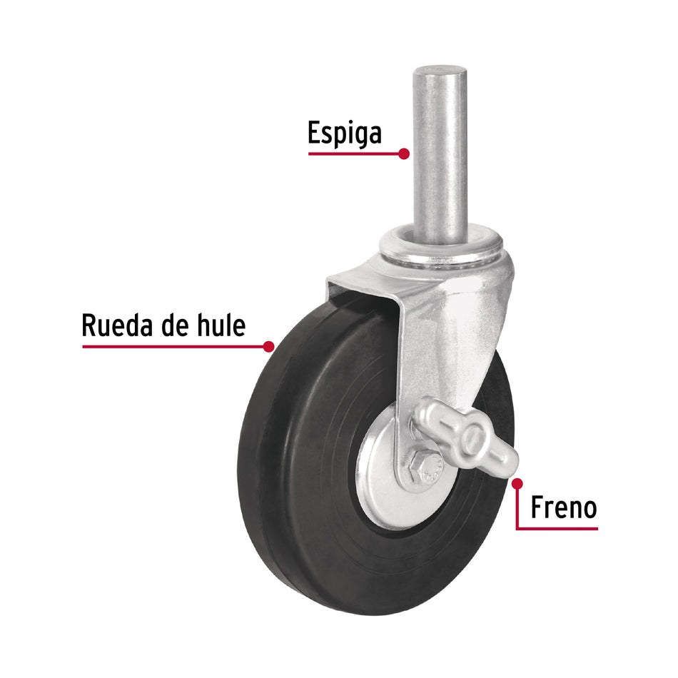 Rodaja hule 6' con espiga sólida y freno, carga 125 kg Caja con 2, 48623
