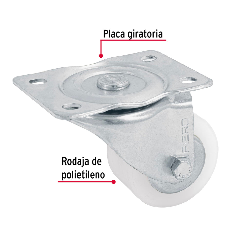 Rodaja de polietileno 2-1/2' placa giratoria, con balero Caja con 6, 48627