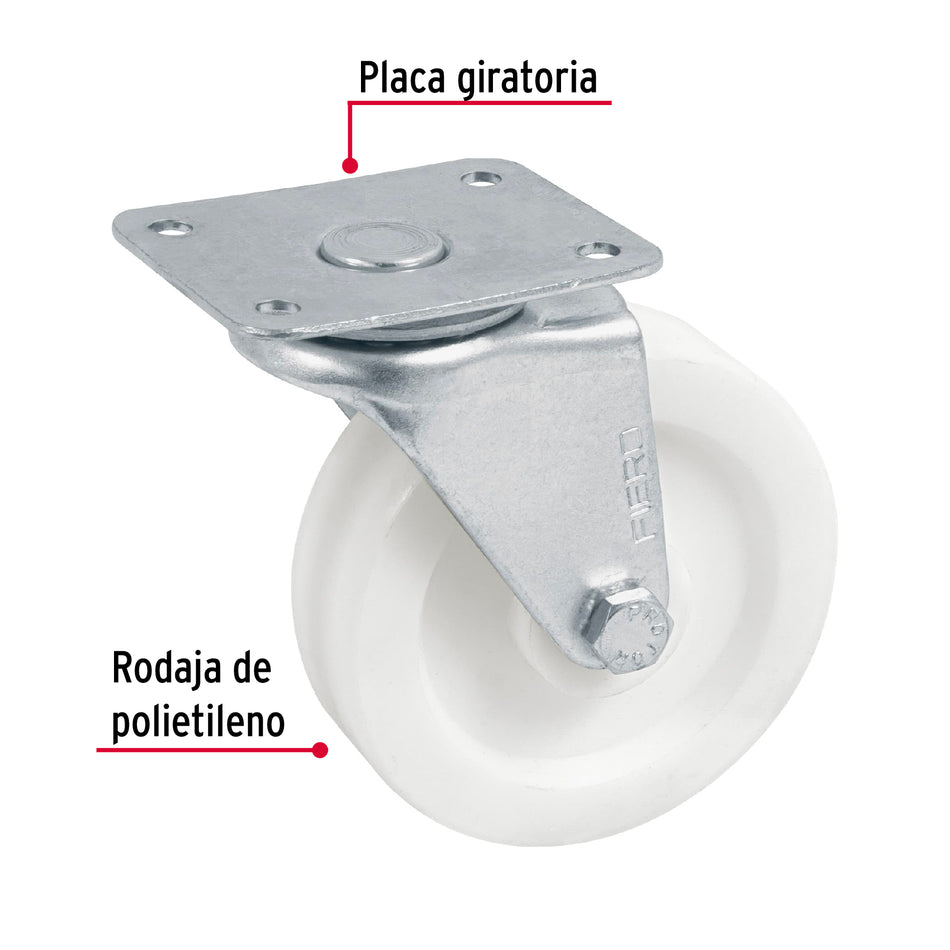 Rodaja de polietileno 2-1/2 placa giratoria, con buje, Fiero Caja con 6, 48626