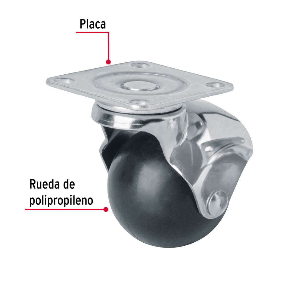 Rodaja esférica, 50 mm con placa, Fiero Caja con 6, 44391