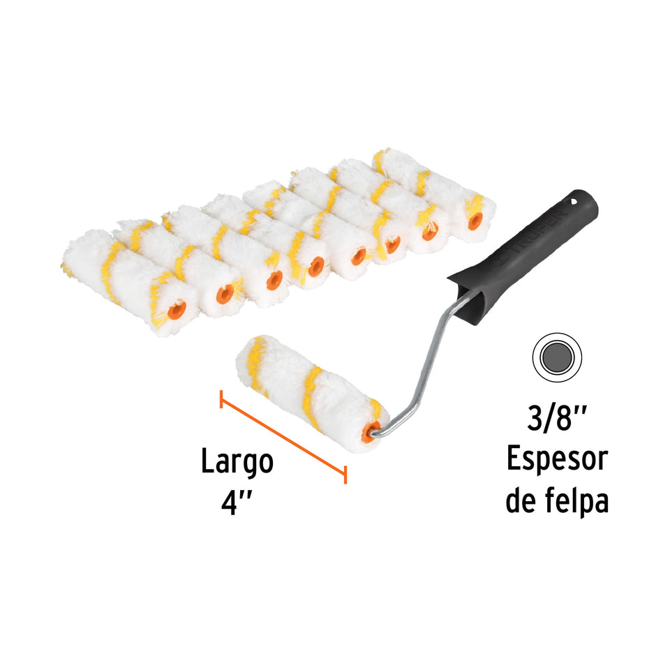 Kit de maneral y 9 mini rodillos de 4' de poliéster, Truper Caja con 12, 12132